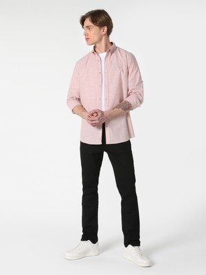 Regular Fit Shirt Neck Düz Erkek Pembe Roll-up Gömlek