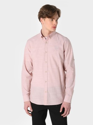 Regular Fit Shirt Neck Düz Erkek Pembe Roll-up Gömlek
