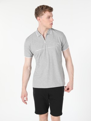 Regular Fit Polo Yaka Fermuar Detaylı Gri Erkek Kısa Kol Tişört Cl1059561