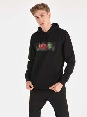 Regular Fit Baskılı Kapüşonlu Siyah Erkek Sweatshirt Cl1059894