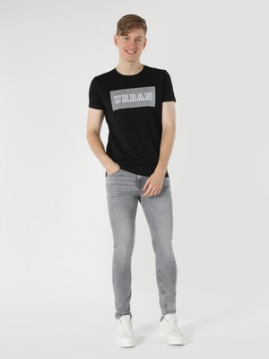 Slim Fit Bisiklet Yaka Baskılı Siyah Erkek Kısa Kol Tişört Cl1061802