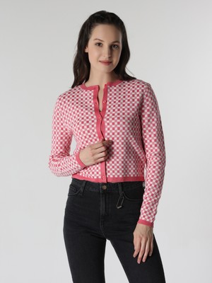 Slim Fit Kareli Pembe Kadın Hırka Cl1062830