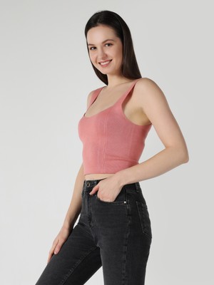 Slim Fit Kare Yaka Crop Turuncu Kadın Atlet Cl1063343