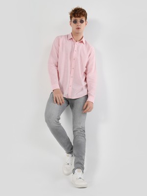 Comfort Fit Shirt Neck Düz Erkek Pembe Uzun Kol Gömlek