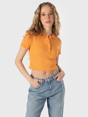 Slim Fit Bisiklet Yaka Crop Turuncu Kadın Kısa Kol Tişört Cl1064043