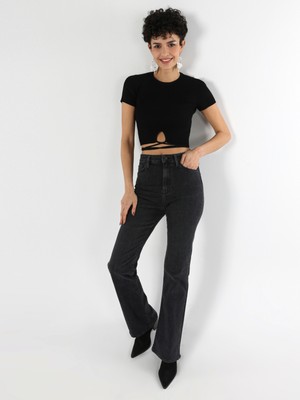 Slim Fit Bisiklet Yaka Crop Siyah Kadın Kısa Kol Tişört Cl1064054