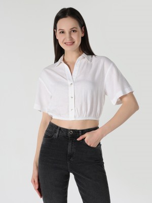 Regular Fit Shirt Neck Beyaz Kadın Kısa Kol Gömlek Cl1063853