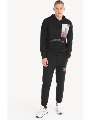 Regular Fit Baskılı Kapüşonlu Siyah Erkek Sweatshirt Cl1064781