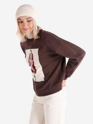 Regular Fit Baskılı Kahverengi Kadın Sweatshirt Cl1065190