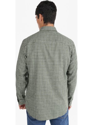 Regular Fit Shirt Neck Kareli Yeşil Erkek Uzun Kol Gömlek Cl1065591