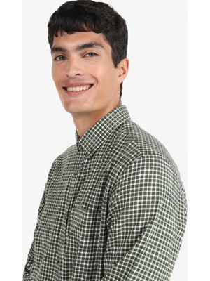 Regular Fit Shirt Neck Kareli Yeşil Erkek Uzun Kol Gömlek Cl1065591