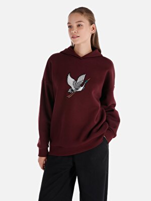 Regular Fit Baskılı Kapüşonlu Bordo Kadın Sweatshirt Cl1065942