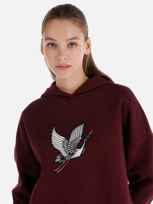 Regular Fit Baskılı Kapüşonlu Bordo Kadın Sweatshirt Cl1065942