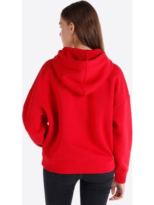 Regular Fit Baskılı Kapüşonlu Kırmızı Kadın Sweatshirt