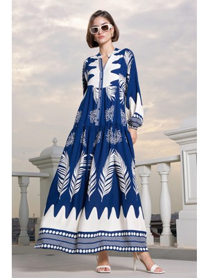 2423 Otantik Desenli Elbise - M. Lacivert