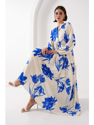 2423 Otantik Desenli Elbise - A.ekru