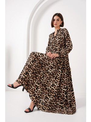 Bigdart Otantik Desenli Elbise - E. Kahve Uzun Kol Kloş Stil Kadın 136 cm