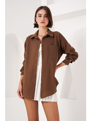 20153 Tek Cepli Oversize Keten Gömlek - A.kahve