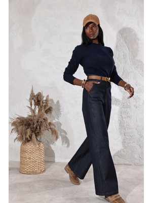 Koyu Lacivert Yüksek Bel Wide Leg Jean 308006