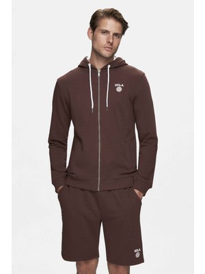 Hılgard Koyu Kahve Kapüşonlu ve Fermuarlı Baskılı Standard Fit Erkek Sweatshirt
