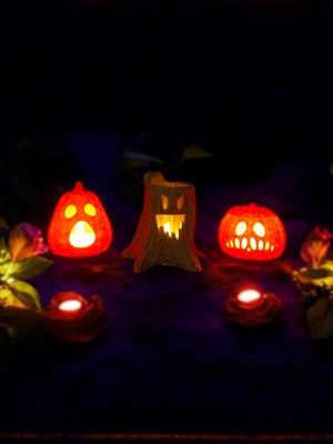 Megart3d Cadılar Bayramı 3'Lü Set - 2 Bal Kabağı Ve 1 Ağaç, Halloween Dekor, Tealight Mumluk