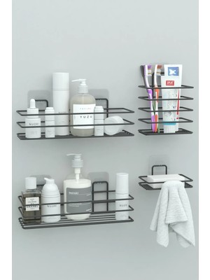 Yapışkanlı Banyo Seti Duş Rafı + Sabunluk + Diş Fırçalık Metal Set