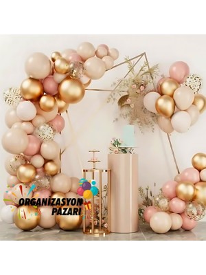 Balon Seti Pink Blush-Deniz Kumu-Krom Gold-Şeffaf 60 Lı Balon Zinciri Seti +10GrGoldPul