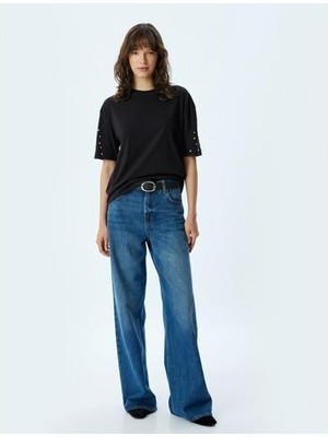 Koton Taşlı Kısa Kollu Tişört Bisiklet Yaka Pamuklu