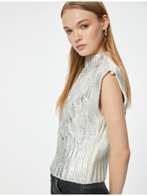 Koton Kolsuz Süveter Dik Yaka Metalik Örgü Dokulu Slim Fit