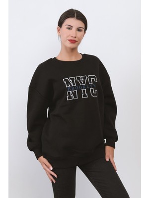 Kadın Oversize Sweatshirt Siyah Nyc Brooklyn Nakışlı Bisiklet Yaka Ribanalı - 9004