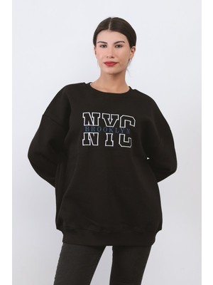 Kadın Oversize Sweatshirt Siyah Nyc Brooklyn Nakışlı Bisiklet Yaka Ribanalı - 9004