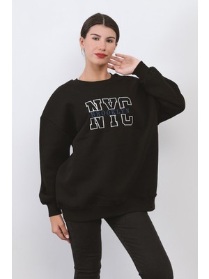 Kadın Oversize Sweatshirt Siyah Nyc Brooklyn Nakışlı Bisiklet Yaka Ribanalı - 9004