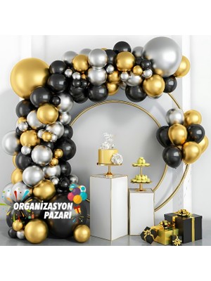 Balon Seti Siyah-Krom Gold-Krom Gümüş 60 Lı Balon Zinciri Seti