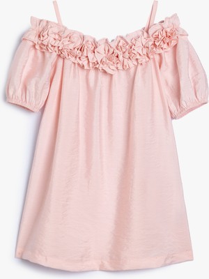 Koton Düşük Omuz Askılı Kısa Kollu Çiçek Aplikeli Elbise Özel Olaylar İçin Pembe