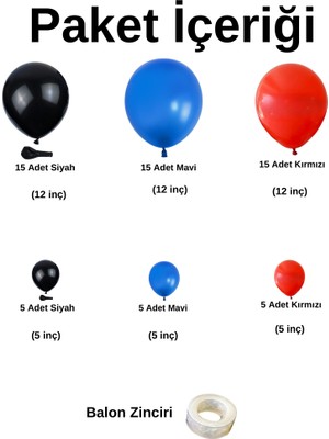 Balon Seti Siyah-Mavi-Kırmızı 60 Lı Balon Zinciri Seti