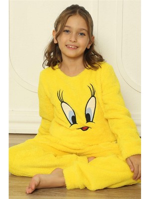 Sarı Kuş Desenli Tam Peluş Kız Çocuk Pijama Takımı
