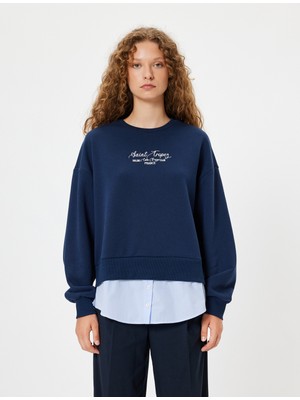 Oversize Sweatshirt Bisiklet Yaka Sloganlı Kumaş Detaylı