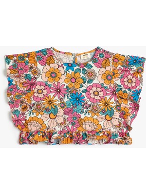 Koton Crop Bluz Kolsuz Fırfırlı Çiçek Desenli Pamuklu
