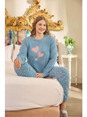 Aydoğan Kadın Suzi Büyük Beden Thermal Mavi Pijama Takım 0686