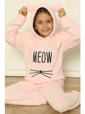 Toz Pembe Meow Desenli Tam Peluş Kız Çocuk Pijama Takımı