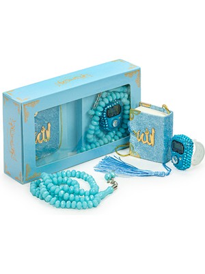 İhvan Online Taşlı Zikirmatikli Mini Kuranlı ve Kristal Taş Tesbihli Hac Umre Hediyelik Set Mavi Renk