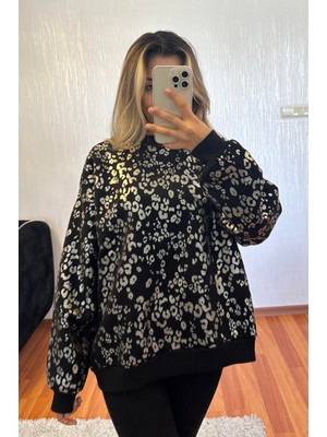 Leopar Desenli Sweatshirt Siyah