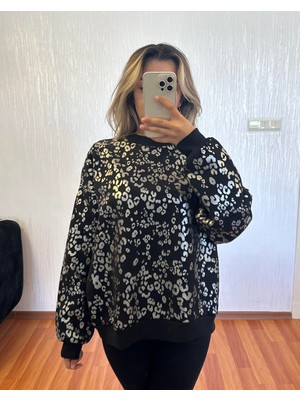 Leopar Desenli Sweatshirt Siyah