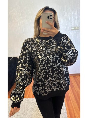 Leopar Desenli Sweatshirt Siyah