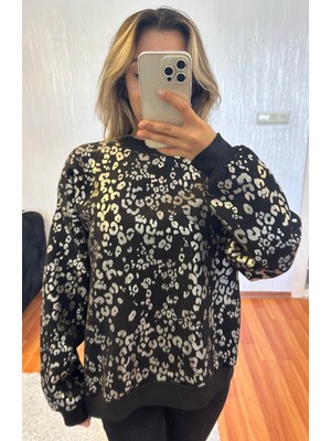 Leopar Desenli Sweatshirt Siyah