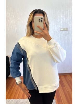 Shine & Style Yanı Kotlu Zincir Detay Beyaz Sweatshirt