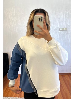 Shine & Style Yanı Kotlu Zincir Detay Beyaz Sweatshirt