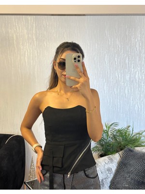 Shine & Style Fermuar Detaylı Bluz Siyah