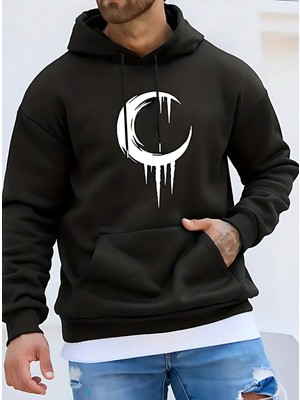 Hilal Tasarım 2 Iplik Kalın Kışlık Sweatshirt - Siyah Baskılı Oversize Kapüşonlu Hoodie