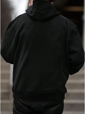 Hilal Tasarım 2 Iplik Kalın Kışlık Sweatshirt - Siyah Baskılı Oversize Kapüşonlu Hoodie